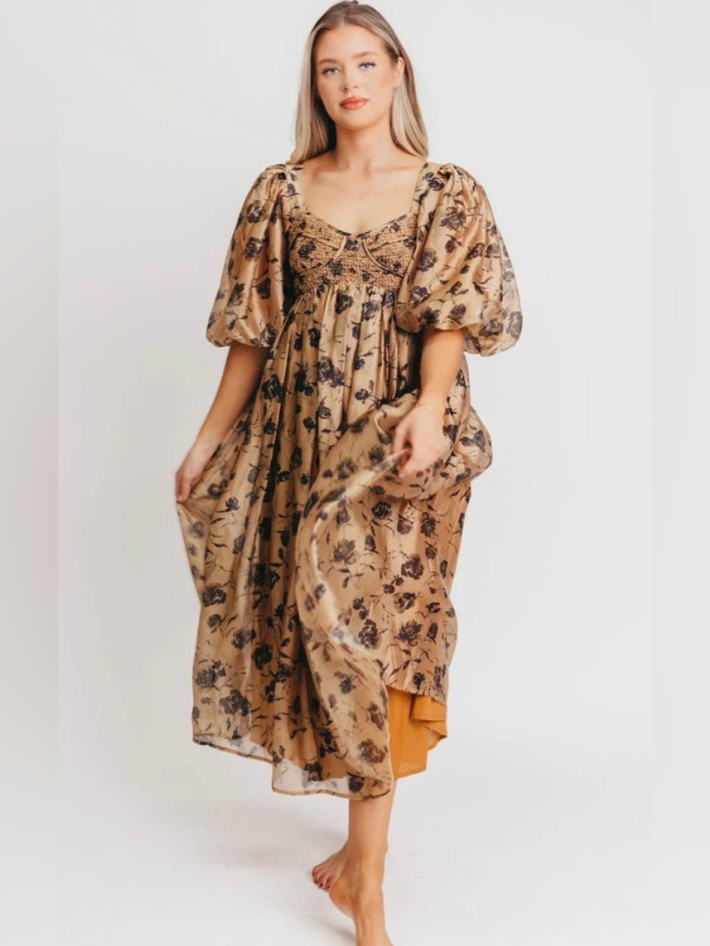 Floral Puff-Sleeve Maxi Dress in Tan